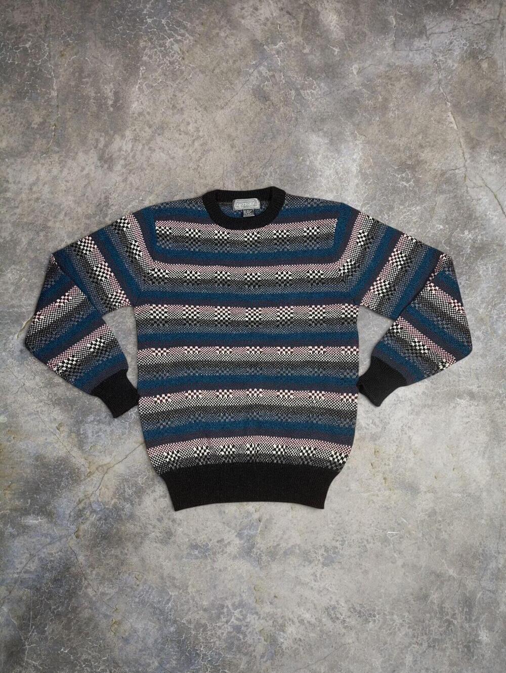 Vtg Le Tigre 90's Style Knit Sweater Checkered Pattern Wool Blend Sz M